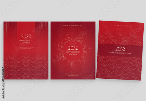 Chinese New Year Poster Flyer Template in Red & Gold with Minimalist Asian Pattern Background