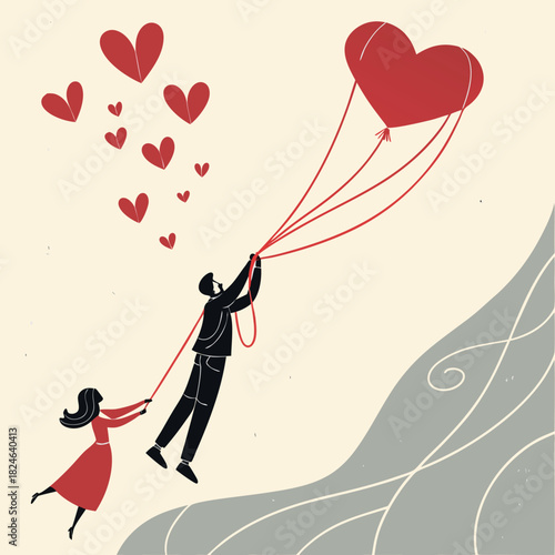 Romantic Couple Flying with Giant Heart Balloon - Love, Valentine's Day Concept