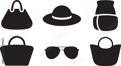 Six Black Silhouettes of Fashion Accessories Including Handbags, Hat, and Sunglasses purse