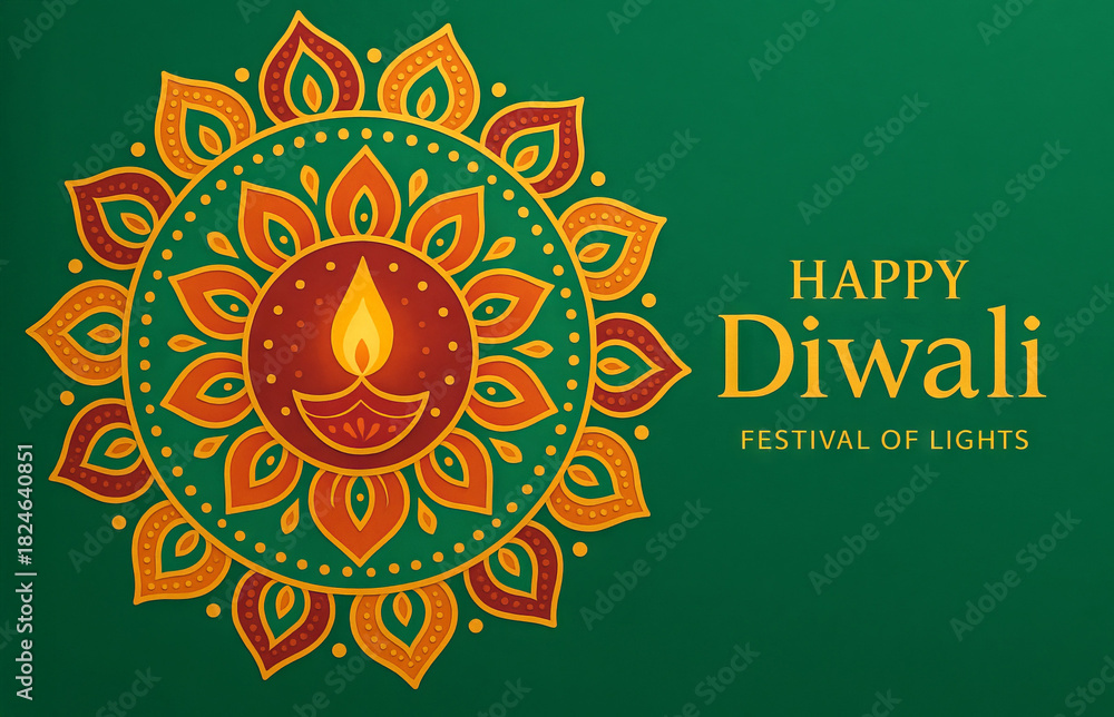 Fototapeta premium Happy Diwali greeting card with traditional diya lamp and mandala design. Festival of lights celebration, Hinduism holiday.
