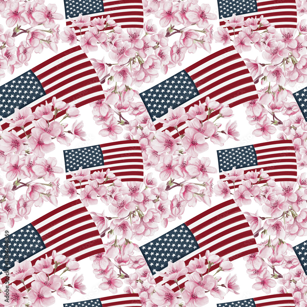 Obraz premium American flag among cherry blossoms. Cherry Blossom Festival in Washington, D.C. Seamless pattern with symbol and flowers. Watercolor illustration. Hand drawn.