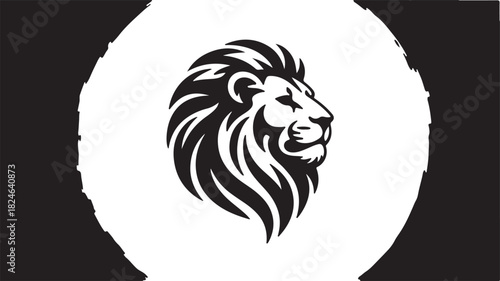 Black and white stylized lion head logo design with circular frame and distressed edges profile