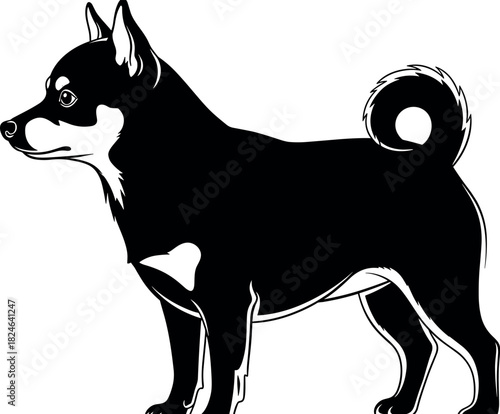 Black and white vector illustration of Shiba Inu dog in profile view with curled tail and erect ears for pet design