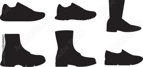 Six Black Silhouettes of Various Footwear Including Sneakers and Boots shoe