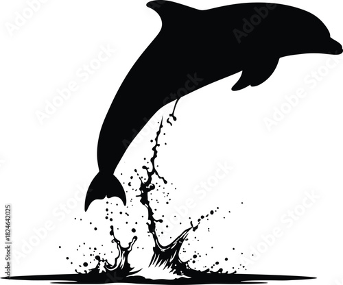 Silhouette of a dolphin leaping from the water with splashes