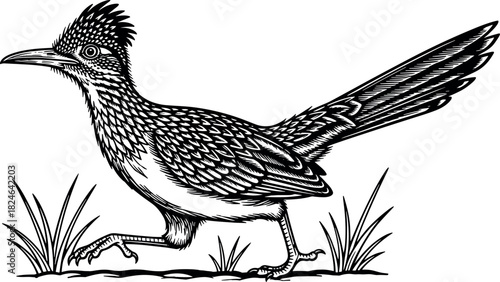 Detailed black and white roadrunner bird illustration in natural habitat, side profile running pose with intricate feather texture and crest.
