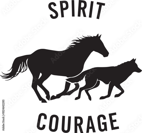 Majestic horse and wolf running together symbolizing spirit and courage in bold silhouette