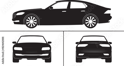 Black silhouette of a sedan car shown from side and front views on a white background automobile