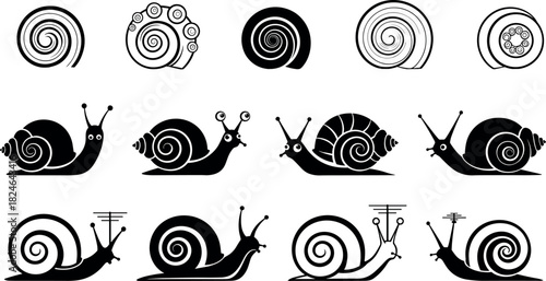 Set of abstract and stylized snail illustrations with unique shell patterns, minimal black and white vector art for design use.