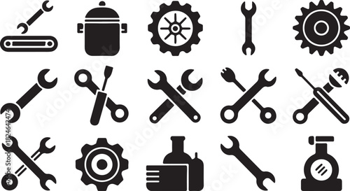 Collection of black icons representing tools and mechanical parts wrench spanner