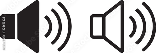 Two Black Speaker Icons Showing Sound Waves, One Solid and One Outline Style audio volume