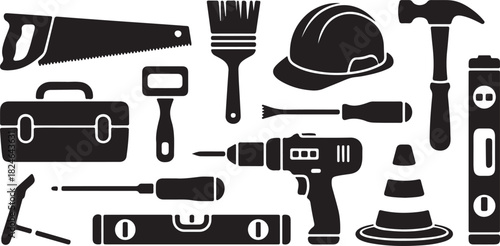 Collection of black silhouette icons representing various construction and repair tools hammer