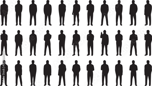 Rows of black silhouette figures of men standing in various poses people silhouettes