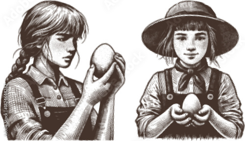 Halftone Farm Girl Portrait: Black and White Engraving Sketch of Young Woman with Freckles Holding an Egg