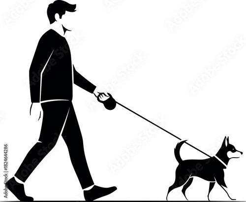 Silhouette of person walking dog on leash outdoors, casual pet owner stroll with small breed in urban park environment