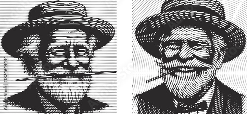 Linocut Grinning Grandpa: Black and White Engraving Sketch of Man with Toothpick and Straw Hat