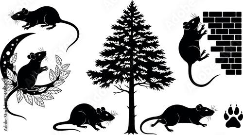 Stylized rat silhouettes with tree, moon, brick wall, and paw print in artistic nature-themed vector illustration for creative design use.