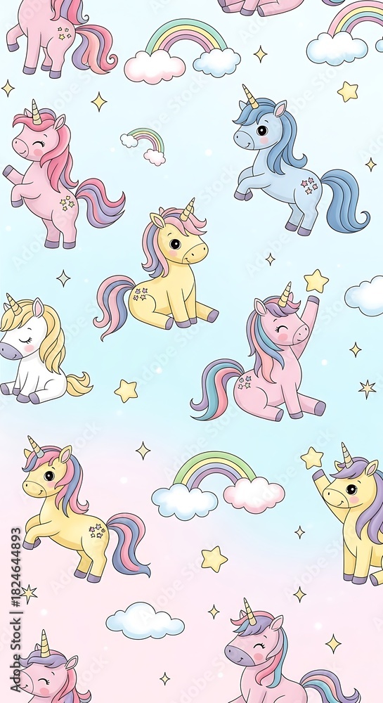 Obraz premium Pastel Unicorns Pattern with Rainbows & Stars: Cute Background Featuring Magical Creatures & Dreamy Elements for Childrens Design & Decor