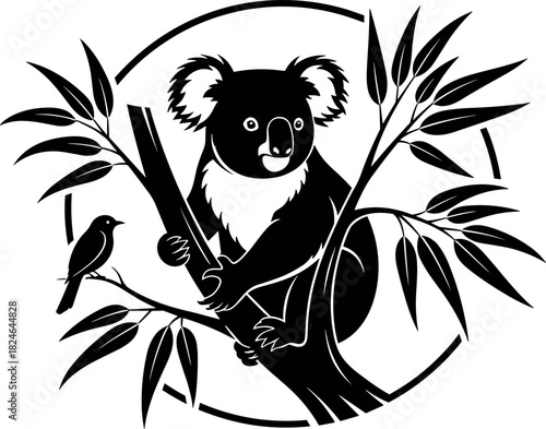 Vector illustration of koala and bird on eucalyptus tree branch in circular frame, representing Australian wildlife and natural forest habitat.