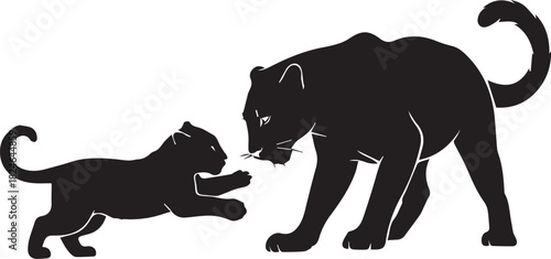 Silhouette of a powerful black panther mother with her playful cub on a stark