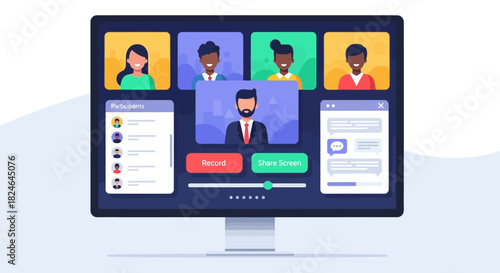 Online Meeting Interface Virtual Conference Call Displaying Participants, Screen Share and Chat Windows
