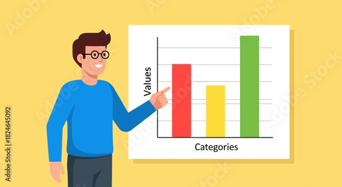 Data Presentation Cartoon Man Presenting Bar Chart Showing Business Growth and Statistics