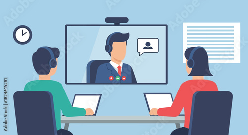 Business team engaged in a professional video conference call, collaborating remotely with a colleague on screen in a modern meeting room