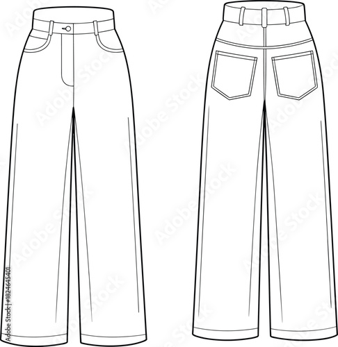 Wide-leg pants, fashion sketch, technical drawing, garment design, belt loops, patch pockets, yoke detail, clothing blueprint, vector illustration, apparel template