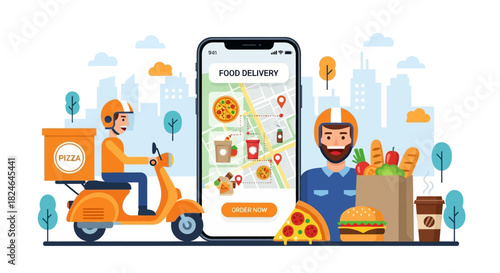 Food delivery mobile app and scooter courier delivering orders to customers