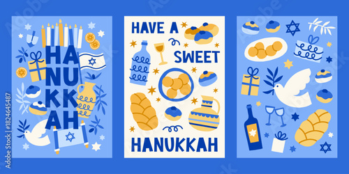 Modern Hanukkah vector cards set. Cute jewish holidays print designs with menorah, candles, star of David, challah, olives, oil jug, dove, latkes, donuts, sufganiot illustrations