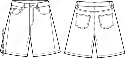 Wide-leg shorts, fashion sketch, technical drawing, garment design, belt loops, patch pockets, fly front, coin pocket, apparel template, vector illustration