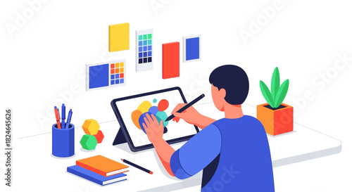 Digital Artist at Work Creating Colorful Designs on a Tablet