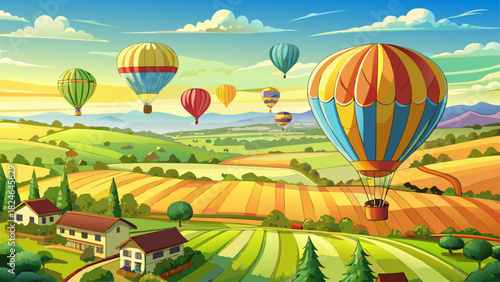 Very beautiful hot air balloons drifting gracefully above a peaceful rural landscape in Pennsylvania, showcasing rolling fields, gentle morning light, and a serene countryside atmosphere, fully compli