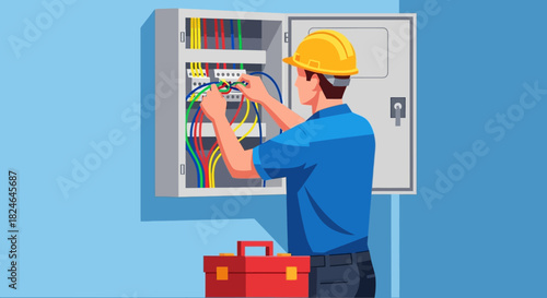 Electrician working on electrical panel with wires and tools, professional installation