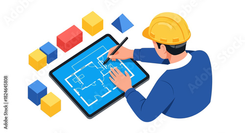 Engineer in hard hat drafting building blueprints on a tablet, surrounded by construction blocks, symbolizing modern architecture, innovation, and project development