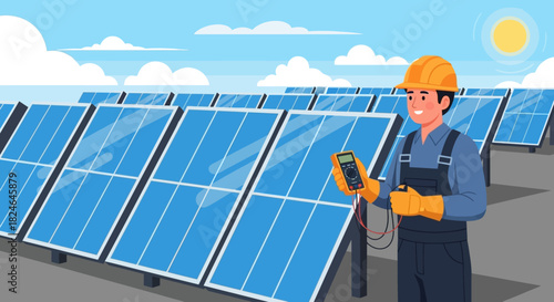 Technician inspecting solar panel farm for renewable energy production, flat vector illustration of green technology maintenance