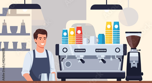 A professional male barista standing behind the counter with an espresso machine in a modern coffee shop illustration