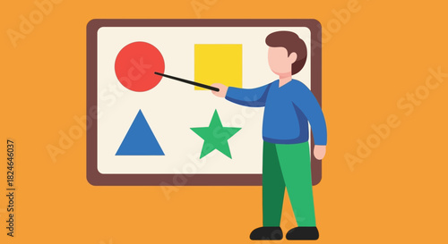 Teacher pointing to basic shapes on a whiteboard, illustrating early childhood education concepts
