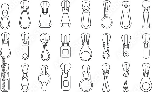 Zipper pull design collection, 25 styles, outline vector icons, fashion hardware template, cad drawing flat accessory illustration set