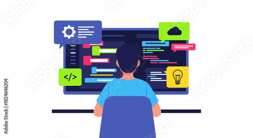 Illustrative representation of a dedicated software developer programming innovative code on a computer, surrounded by essential digital tools and concepts for modern technology solutions