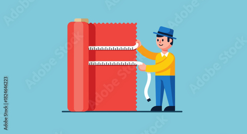 A skilled tailor or dressmaker character measures a large bolt of red fabric, illustrating the concept of craftsmanship and the textile industry