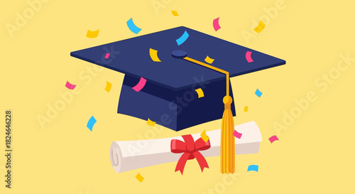 Graduation Cap and Diploma with Confetti Symbolizing Academic Achievement and Success