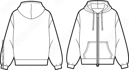 Zip-up hoodie technical sketch, fashion illustration, front and back view, puff sleeve design, garment template, clothing mockup, vector drawing, style