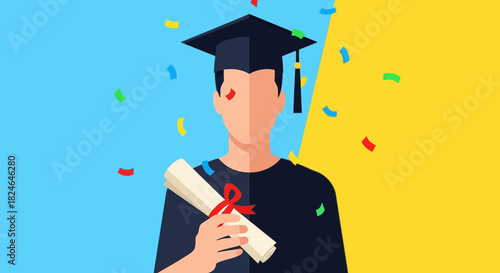 Celebrating academic success, a proud graduate holds their diploma amidst falling confetti, marking a significant milestone in their educational journey and future endeavors