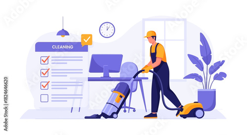 Professional cleaning service worker diligently vacuuming a modern office, ensuring a spotless and hygienic workspace, symbolizing efficient maintenance and a clean business environment
