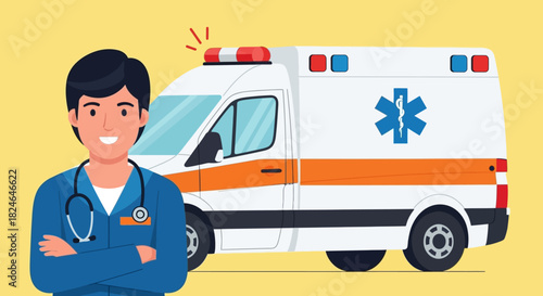 Medical professional stands ready with ambulance in background