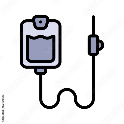 Saline flat icon. IV drip bag with a tube. Vector illustration of an intravenous therapy, for healthcare apps, medical websites, and hospital-related visuals.