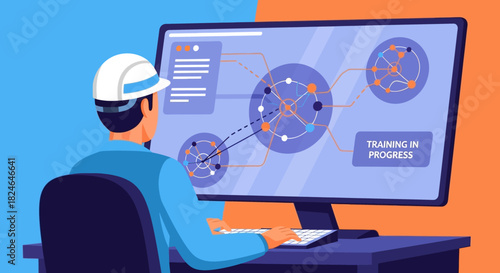 Worker engaging with advanced manufacturing learning on computer screen