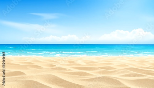 Serene Beach Scene with Clear Blue Water and Sandy Shore.