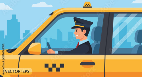 Taxi Driver Illustration A vector image of a friendly taxi driver in a yellow cab, ready for a ride